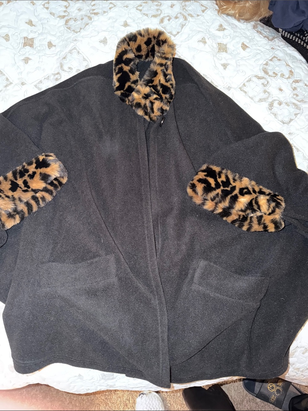 Black Cape Coat with Leopard Faux-Fur Trim